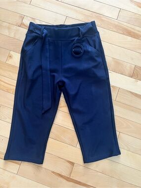 Navy Cropped Ponte Knit Pants with Belt Detail